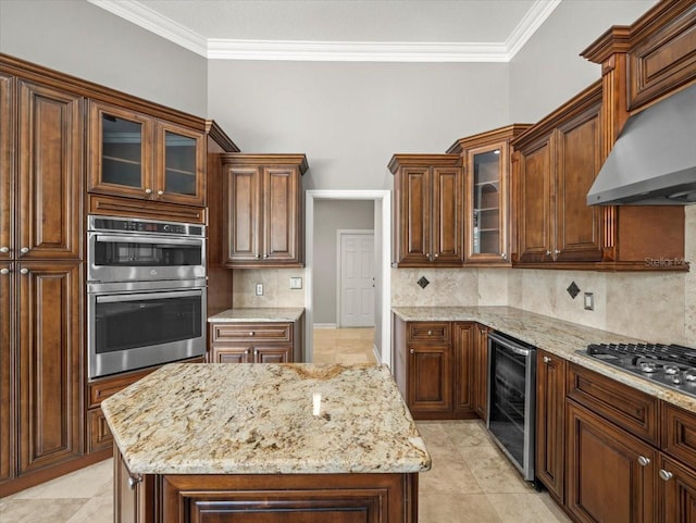 4521 Cheval Blvd, Lutz, FL 33558 - kitchen featuring wine cooler, wall chimney exhaust hood, stainless steel appliances, crown molding, and backsplash