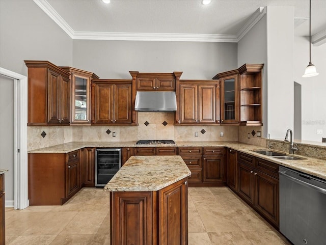4521 Cheval Blvd, Lutz, FL 33558 - kitchen featuring appliances with stainless steel finishes, beverage cooler, under cabinet range hood, ornamental molding, and light stone countertops