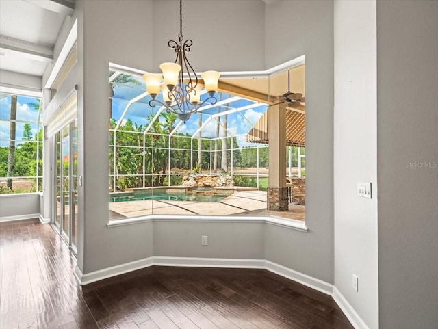 4521 Cheval Blvd, Lutz, FL 33558 - unfurnished dining area with hardwood / wood-style floors, a sunroom, and a chandelier