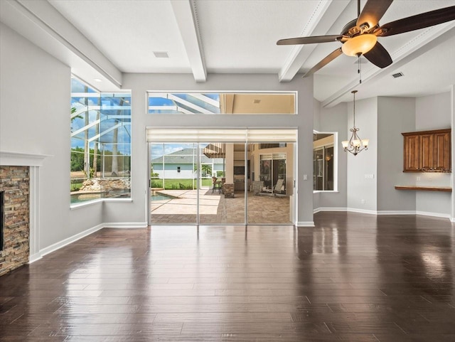 4521 Cheval Blvd, Lutz, FL 33558 - unfurnished living room with beam ceiling, a fireplace, ceiling fan, a chandelier, and wood-type flooring