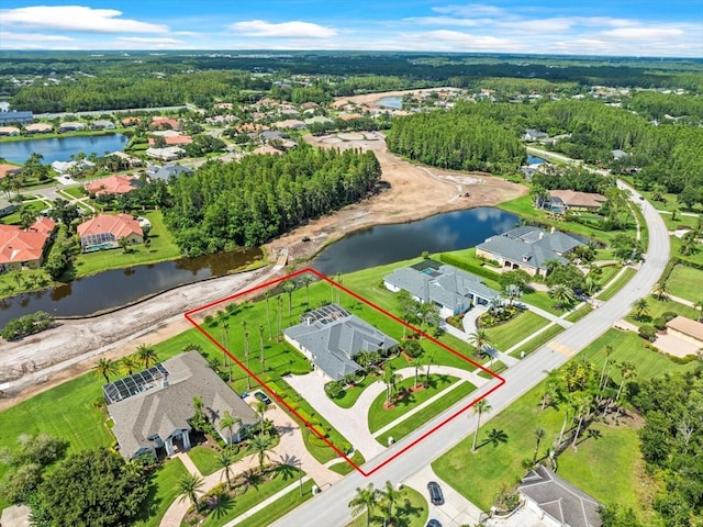 4521 Cheval Blvd, Lutz, FL 33558 - aerial view of residential area featuring a large body of water and property boundaries highlighted