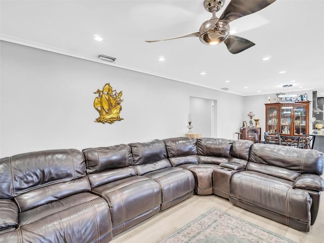 4915 S Rd, New Port Richey, FL 34652 - living area with a ceiling fan, recessed lighting, and crown molding