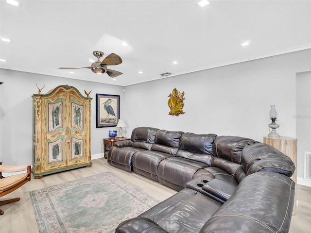 4915 S Rd, New Port Richey, FL 34652 - living room featuring ceiling fan, recessed lighting, wood finished floors, and crown molding