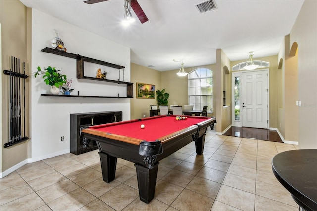 2009 Raven Manor Dr, Dover, FL 33527 - recreation room featuring a ceiling fan, tile patterned flooring, billiards table, and arched walkways