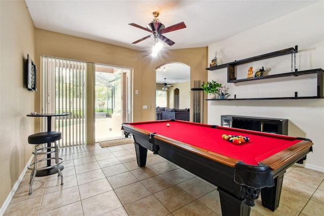 2009 Raven Manor Dr, Dover, FL 33527 - recreation room with a ceiling fan, arched walkways, billiards, and tile patterned flooring