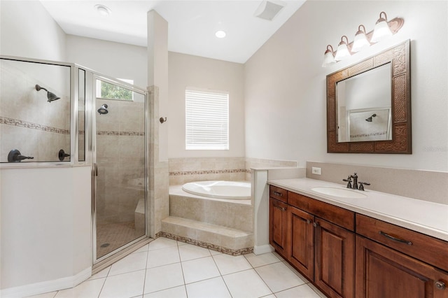 2702 Rogers Ranch Rd, Lithia, FL 33547 - bathroom with a garden tub, vanity, a shower stall, and tile patterned flooring