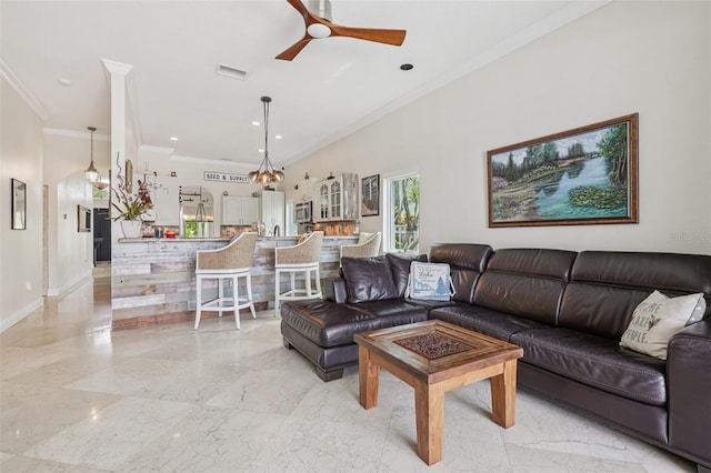 17001 NW 20th St, Pembroke Pines, FL 33028 - living area featuring a ceiling fan, crown molding, light marble finish flooring, and recessed lighting