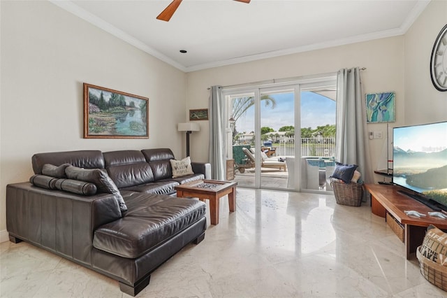 17001 NW 20th St, Pembroke Pines, FL 33028 - living area with ceiling fan, marble tiled flooring, and ornamental molding