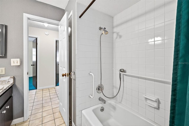 524 Garrard Dr, Temple Terrace, FL 33617 - bathroom featuring shower / tub combo, vanity, tile patterned flooring, and a textured ceiling