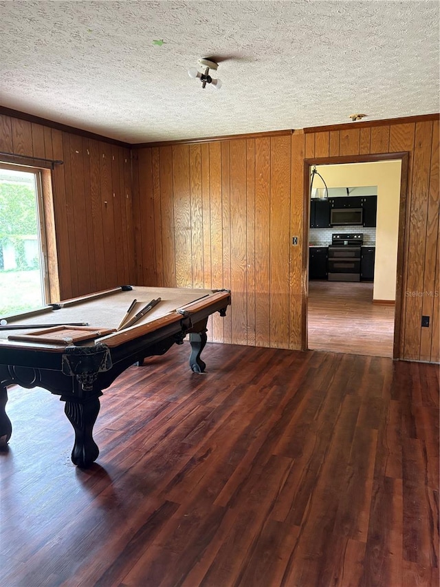 1214 Mitchell St, Brandon, FL 33511 - rec room with a textured ceiling, wooden walls, wood finished floors, and billiards table