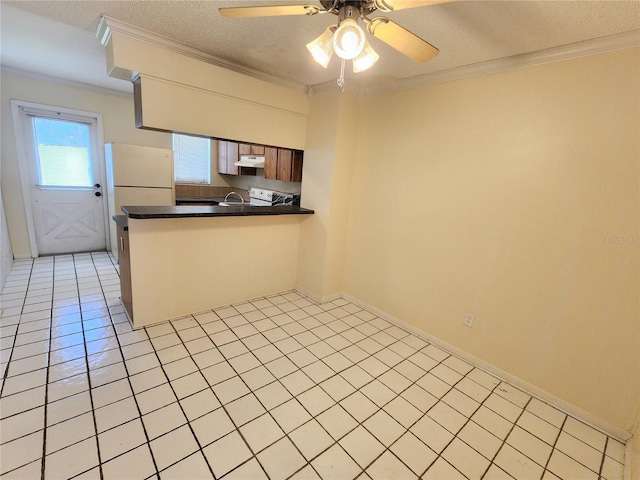 6620 121st Ave Unit 1, Largo, FL 33773 - kitchen with under cabinet range hood, ceiling fan, light tile patterned floors, dark countertops, and freestanding refrigerator