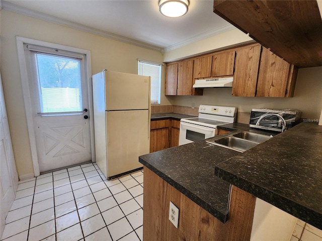 6620 121st Ave Unit 1, Largo, FL 33773 - kitchen featuring white appliances, under cabinet range hood, brown cabinets, dark countertops, and ornamental molding