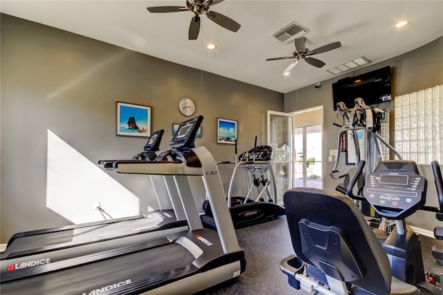 6105 Bahia Del Mar Cir Unit 388, Saint Petersburg, FL 33715 - exercise room featuring a ceiling fan and recessed lighting