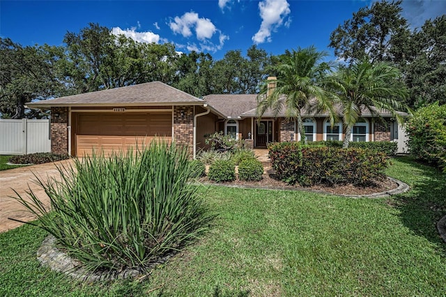 11279 Oakridge Trl, Seminole, FL 33772 - ranch-style house featuring an attached garage, brick siding, concrete driveway, a chimney, and a gate