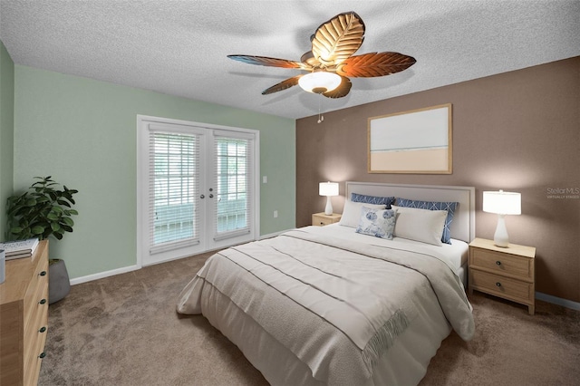 11279 Oakridge Trl, Seminole, FL 33772 - carpeted bedroom with access to exterior, a textured ceiling, a ceiling fan, and french doors