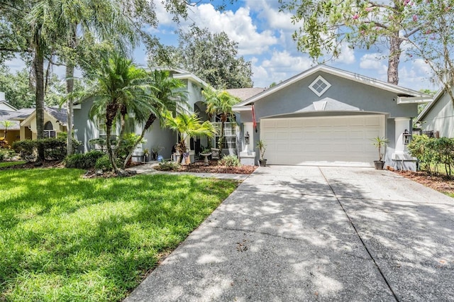 7224 Yardley Way, Tampa, FL 33647 - ranch-style house featuring stucco siding, a garage, concrete driveway, and a front yard