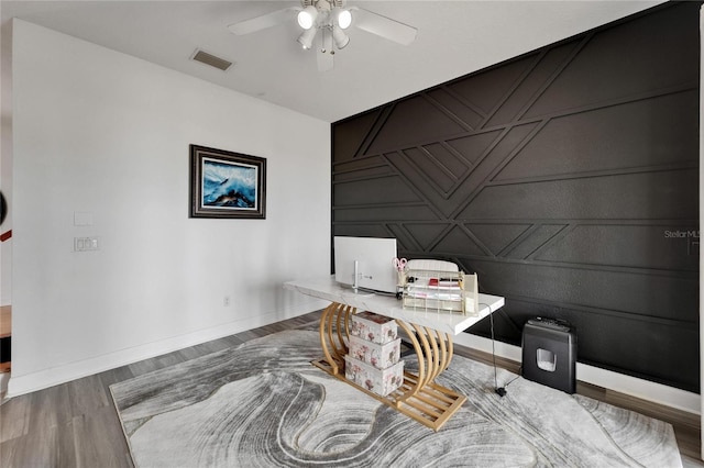 6412 Mayra Shores Ln, Apollo Beach, FL 33572 - office featuring a ceiling fan and wood finished floors