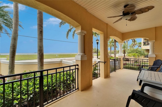 6412 Mayra Shores Ln, Apollo Beach, FL 33572 - balcony featuring a ceiling fan and a water view