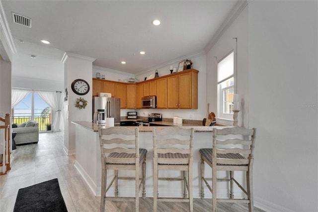 6412 Mayra Shores Ln, Apollo Beach, FL 33572 - kitchen with appliances with stainless steel finishes, crown molding, a peninsula, recessed lighting, and a breakfast bar