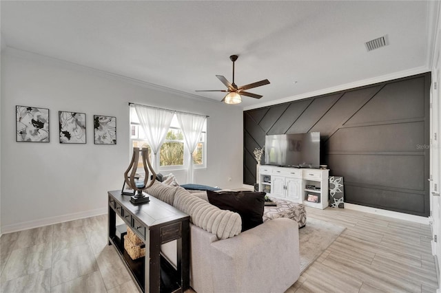 6412 Mayra Shores Ln, Apollo Beach, FL 33572 - living area with ceiling fan and crown molding