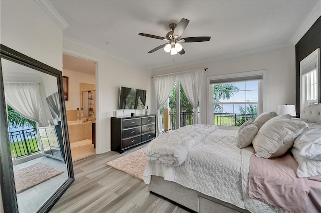 6412 Mayra Shores Ln, Apollo Beach, FL 33572 - bedroom with access to outside, light wood-style flooring, ensuite bath, a ceiling fan, and crown molding