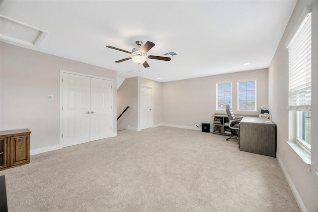 18125 Roseate Dr, Lutz, FL 33558 - unfurnished office featuring light colored carpet, healthy amount of natural light, ceiling fan, and recessed lighting