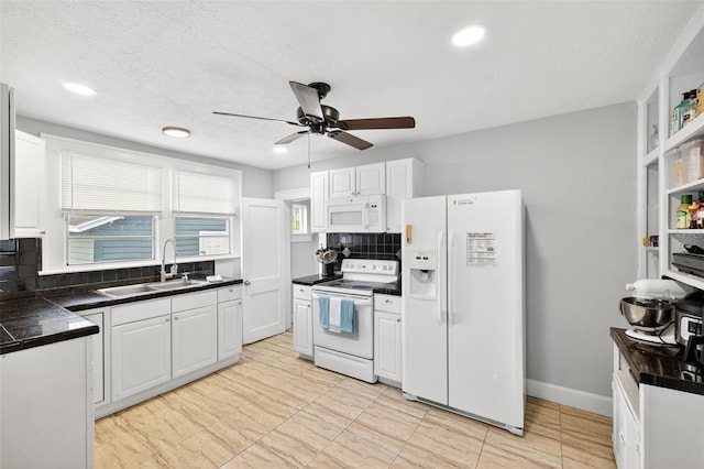 4820 8th Ave S, Saint Petersburg, FL 33711 - kitchen featuring white appliances, decorative backsplash, white cabinets, ceiling fan, and recessed lighting