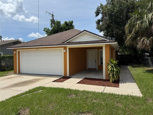 3407 E Comanche Ave, Tampa, FL 33610 - ranch-style house featuring an attached garage, a shingled roof, concrete driveway, and stucco siding