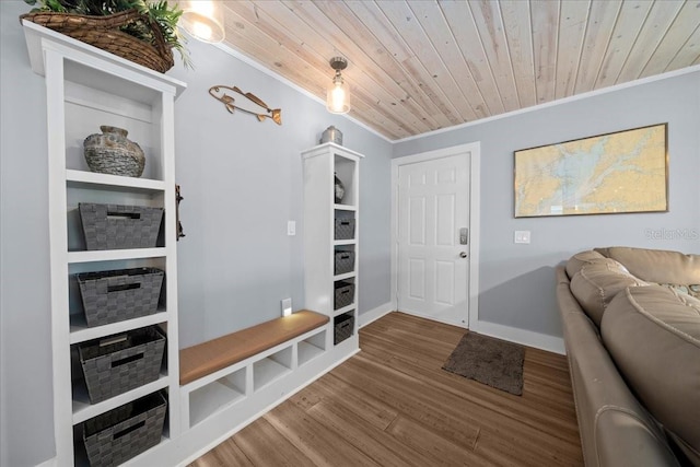 12046 W Gulf Breeze Ct, Crystal River, FL 34429 - mudroom with wood ceiling, wood finished floors, and crown molding
