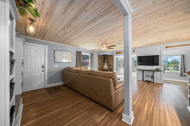12046 W Gulf Breeze Ct, Crystal River, FL 34429 - living room with wood ceiling, a ceiling fan, and wood finished floors