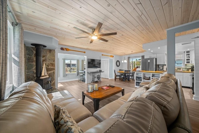 12046 W Gulf Breeze Ct, Crystal River, FL 34429 - living area with wooden ceiling, light wood-style floors, a wood stove, and ceiling fan