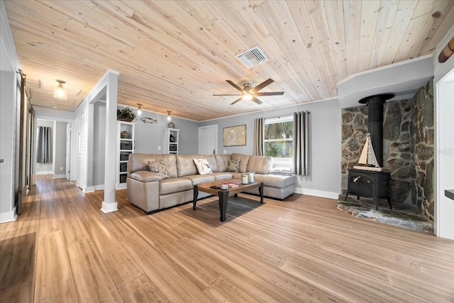 12046 W Gulf Breeze Ct, Crystal River, FL 34429 - living area with wood ceiling, ornamental molding, a wood stove, light wood-style floors, and a ceiling fan