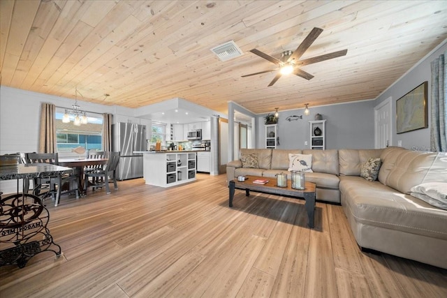 12046 W Gulf Breeze Ct, Crystal River, FL 34429 - living room with light wood-style flooring, a ceiling fan, a chandelier, wood ceiling, and ornamental molding