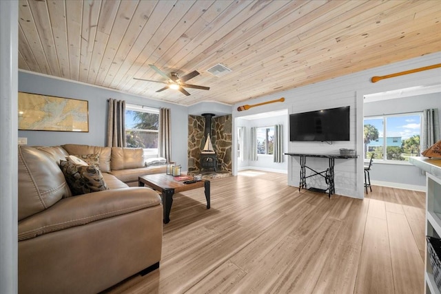 12046 W Gulf Breeze Ct, Crystal River, FL 34429 - living area with a wood stove, wood ceiling, ceiling fan, wood finished floors, and healthy amount of natural light