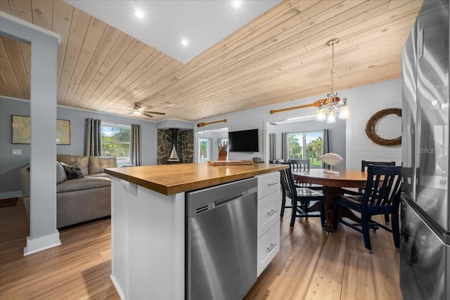 12046 W Gulf Breeze Ct, Crystal River, FL 34429 - kitchen featuring appliances with stainless steel finishes, wood counters, wood ceiling, open floor plan, and light wood-style flooring