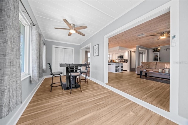 12046 W Gulf Breeze Ct, Crystal River, FL 34429 - dining room with a ceiling fan, light wood-type flooring, and wood ceiling