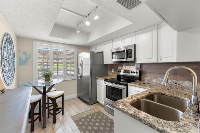1370 Heather Ridge Blvd Unit 105, Dunedin, FL 34698 - kitchen featuring stainless steel appliances, a tray ceiling, a textured ceiling, decorative backsplash, and light stone counters