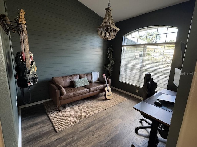 10080 SE 69th Ter, Belleview, FL 34420 - office area featuring wood finished floors, a chandelier, vaulted ceiling, and wooden walls