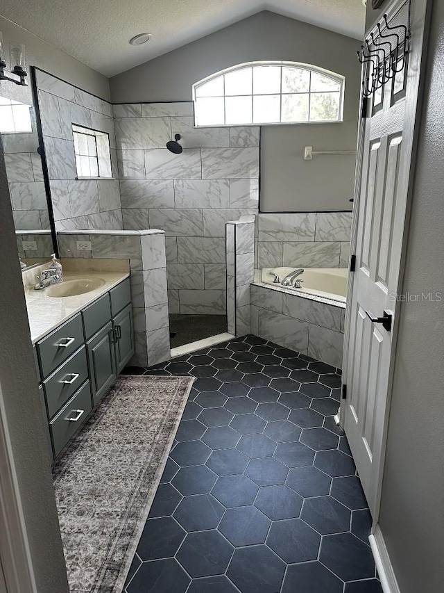 10080 SE 69th Ter, Belleview, FL 34420 - bathroom featuring plenty of natural light, a bath, vanity, a walk in shower, and vaulted ceiling