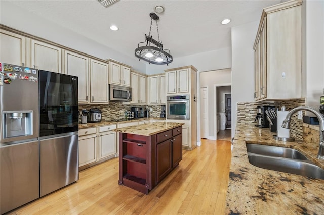 22623 Cliffside Way, Land O Lakes, FL 34639 - kitchen with stainless steel appliances, decorative backsplash, cream cabinets, open shelves, and recessed lighting