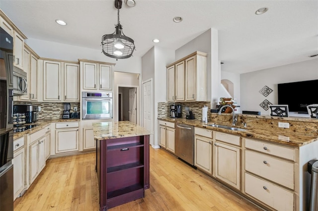 22623 Cliffside Way, Land O Lakes, FL 34639 - kitchen featuring appliances with stainless steel finishes, open shelves, decorative backsplash, a peninsula, and recessed lighting