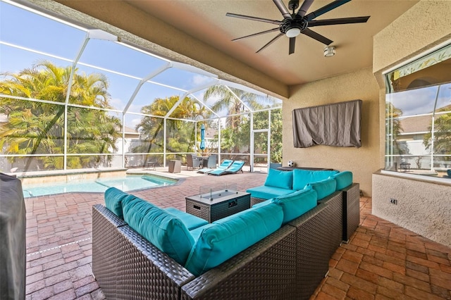 22623 Cliffside Way, Land O Lakes, FL 34639 - view of patio / terrace featuring outdoor lounge area, ceiling fan, an outdoor pool, and glass enclosure