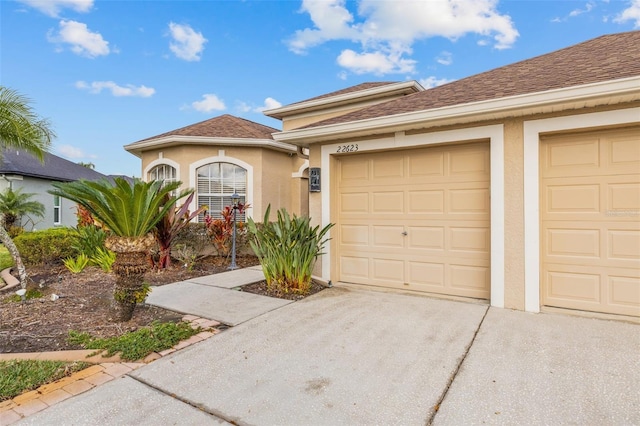 22623 Cliffside Way, Land O Lakes, FL 34639 - view of front of property with driveway, stucco siding, a garage, and roof with shingles