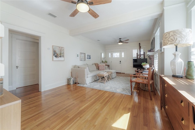 1407 S Moody Ave, Tampa, FL 33629 - living room featuring ceiling fan, light wood-type flooring, and beam ceiling