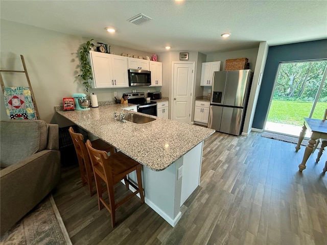 6270 Airmont Dr, Spring Hill, FL 34606 - kitchen featuring stainless steel appliances, a peninsula, wood finished floors, white cabinets, and recessed lighting