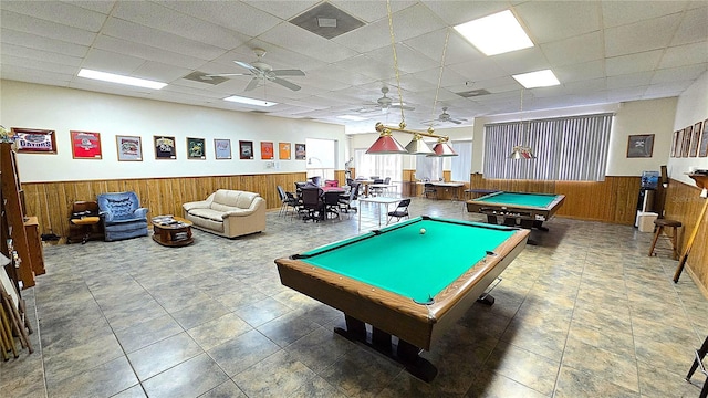 4359 Tahitian Gardens Cir Unit A, Holiday, FL 34691 - playroom featuring wainscoting, wooden walls, pool table, a paneled ceiling, and ceiling fan