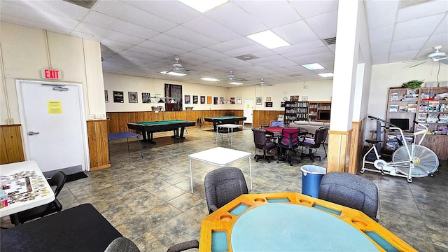 4359 Tahitian Gardens Cir Unit A, Holiday, FL 34691 - game room featuring a ceiling fan, wainscoting, a paneled ceiling, wood walls, and billiards table
