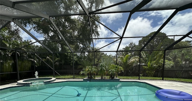 713 Rustic Oaks Dr, Palm Harbor, FL 34684 - view of pool with glass enclosure, a fenced backyard, and a pool with connected hot tub