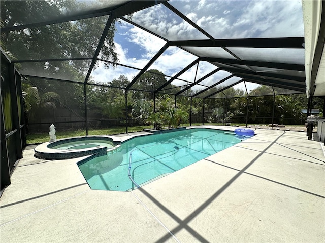 713 Rustic Oaks Dr, Palm Harbor, FL 34684 - view of pool featuring a pool with connected hot tub, a patio, a fenced backyard, and glass enclosure
