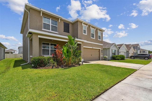 33678 Jasper Stone Dr, Wesley Chapel, FL 33543 - view of front of property featuring stucco siding, a garage, concrete driveway, a front yard, and a residential view
